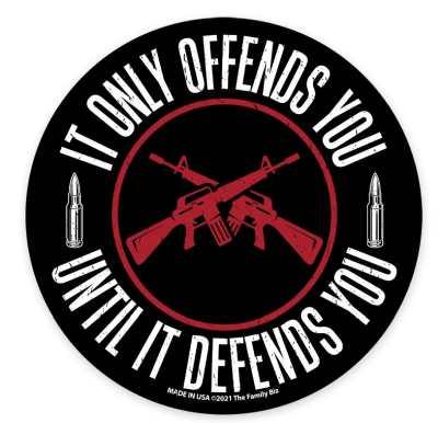 Crossed rifles with bullets, defensive message.