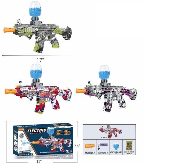 Toy water guns with colorful designs.
