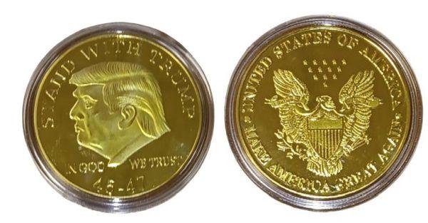 Gold-colored commemorative coins with engraved designs.