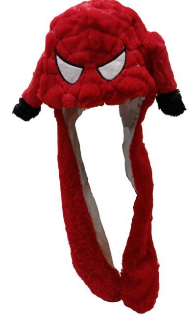 Red superhero-themed plush hat with eyes.