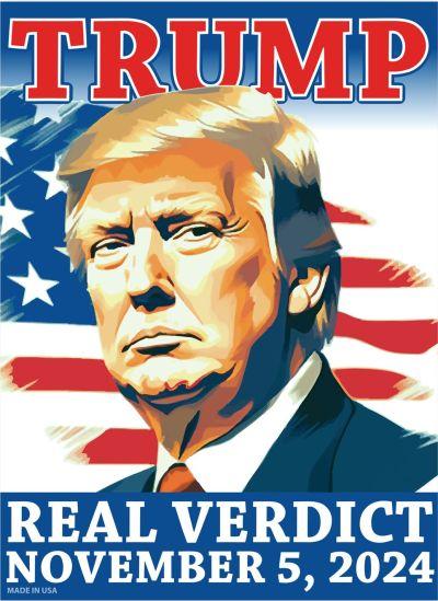 Illustration of Trump with American flag background.