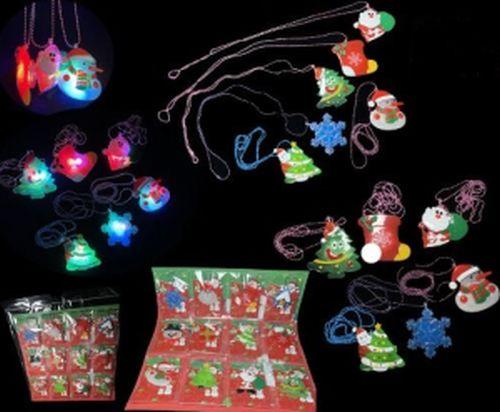 Christmas-themed glowing necklaces on display.