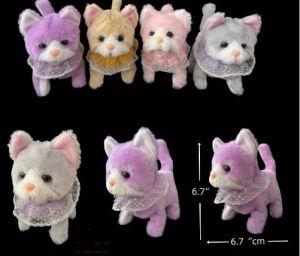Plush cat toys in various colors displayed.