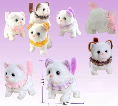 Plush toy cats with colorful collars displayed.