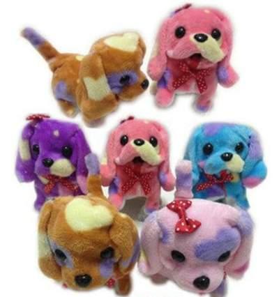 Colorful plush toy dogs on display.