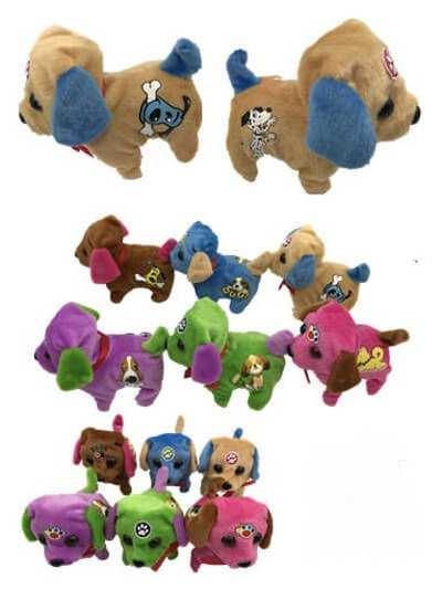 Colorful plush toy dogs with embroidered designs.