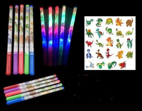 Dinosaur-themed pens, glowing sticks, and stickers.