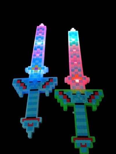 Two glowing pixelated toy swords on black.