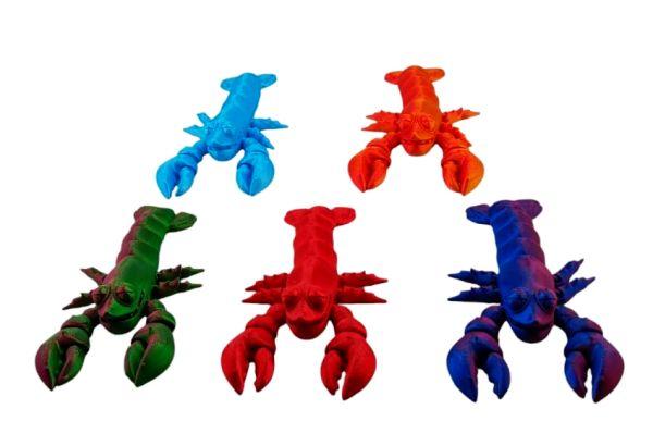 Colorful toy lobsters arranged in a pattern.