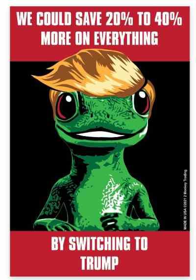 Cartoon lizard with political message and hair.