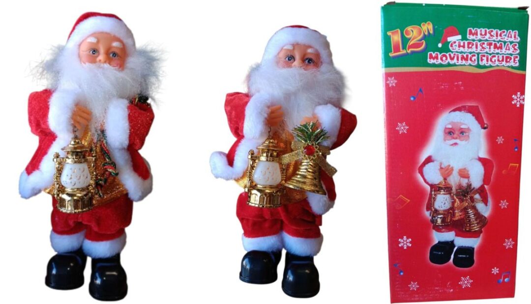 Two Santa Claus dolls with bells and gifts beside a festive box.