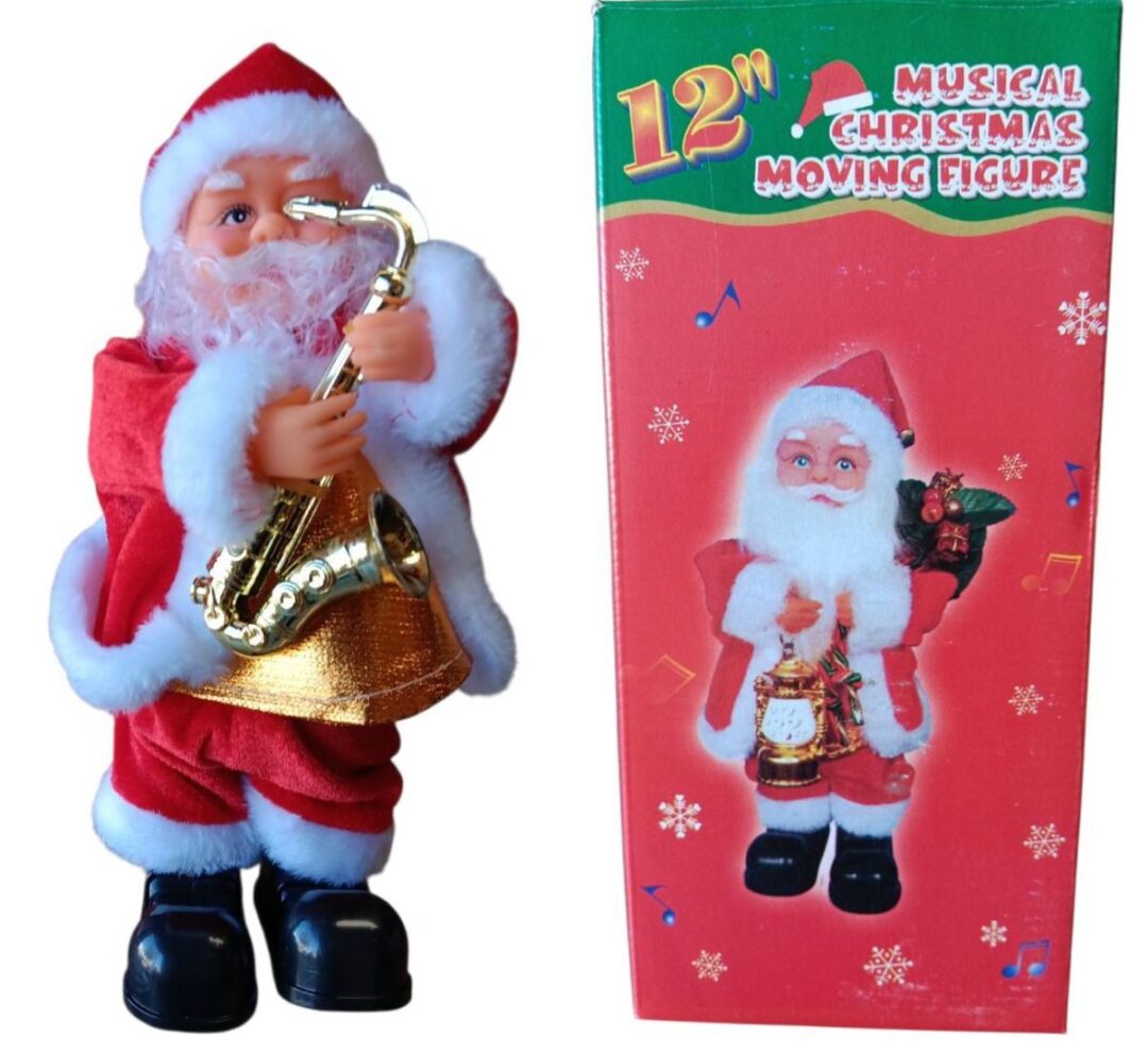 A Santa Claus figure playing a saxophone with its box beside it.
