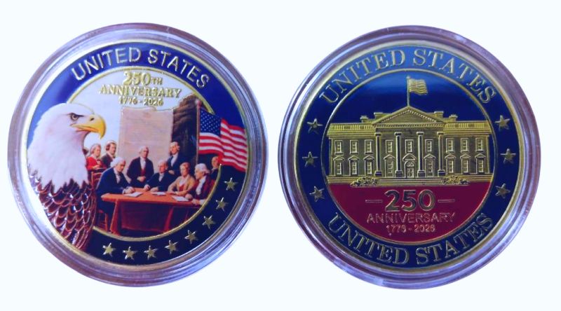 Two commemorative coins featuring the White House and presidential inauguration scenes.