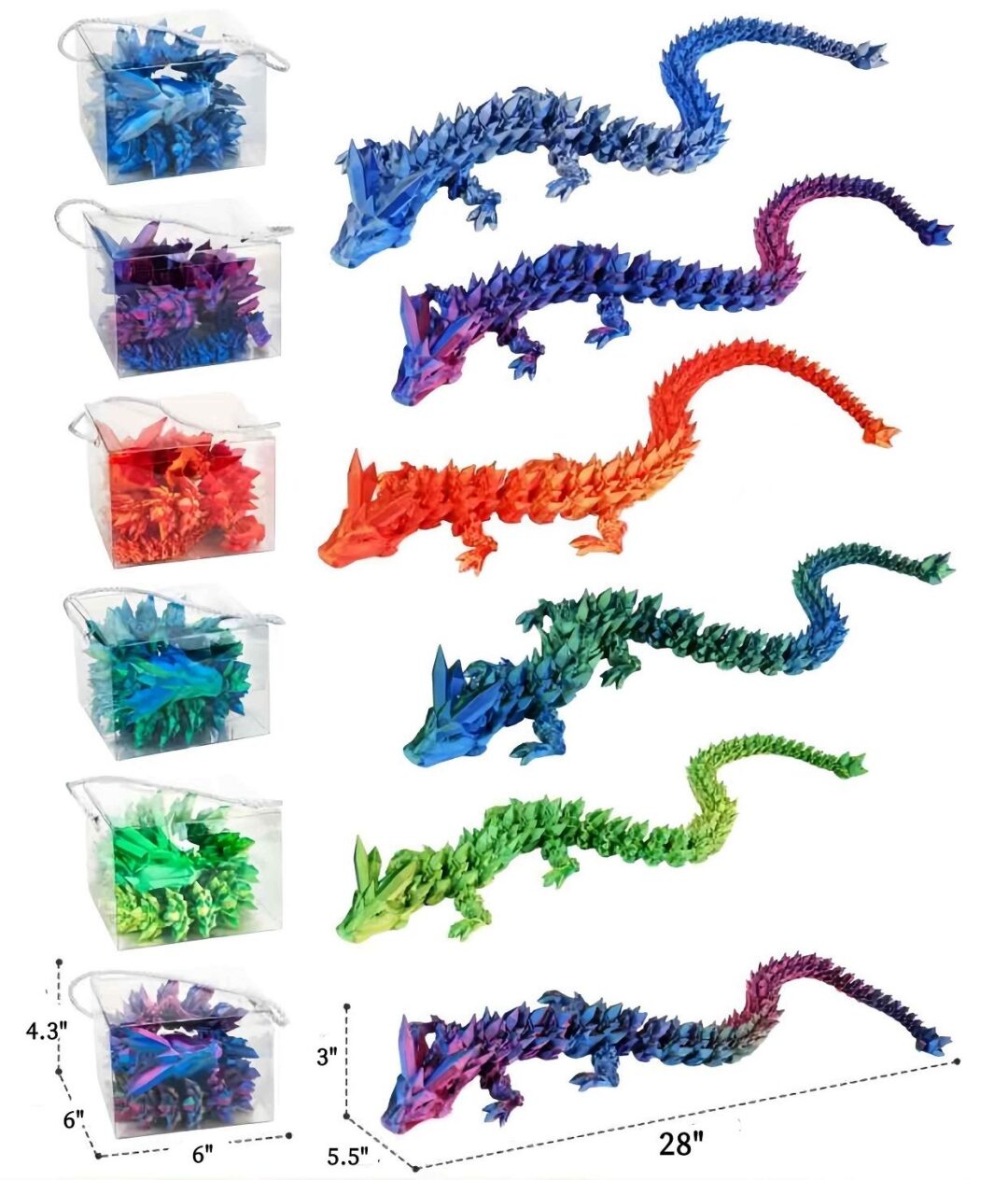 Colorful beaded lizards in various bright hues arranged vertically.