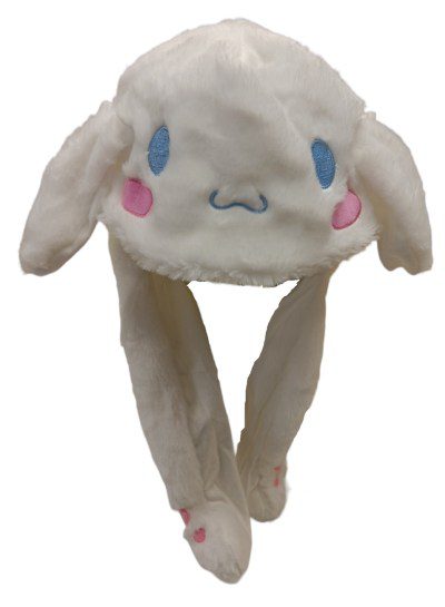 A soft, white plush hat with floppy ears and a cute face.