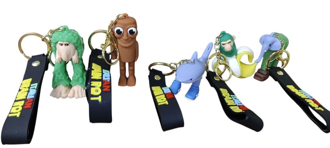 Keychains featuring cute animal characters with black and yellow straps.