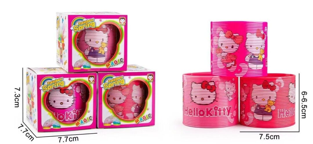 Hello Kitty-themed hairbrushes and pink tape rolls.