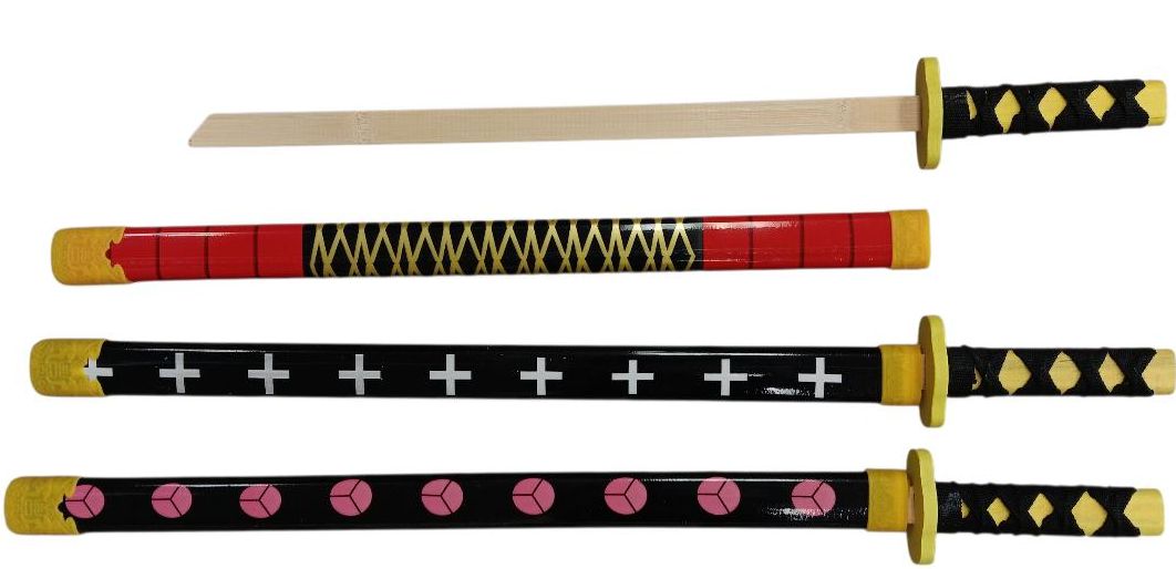 Four distinct patterned fabric strips with geometric and symbolic designs.