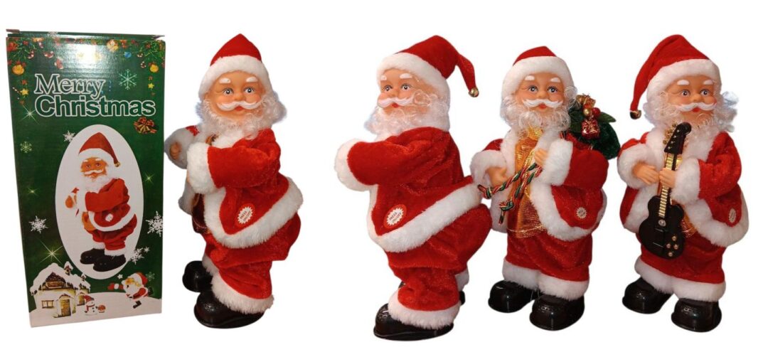 Three Santa Claus figurines in different poses.