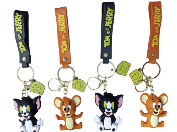 Tom and Jerry keychains with character charms and labels.