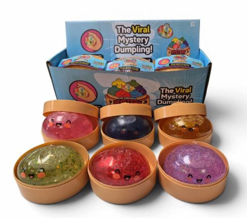 Colorful squishy dumplings in a display box.