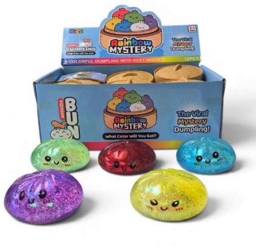 Colorful dumpling toys with cute faces displayed.